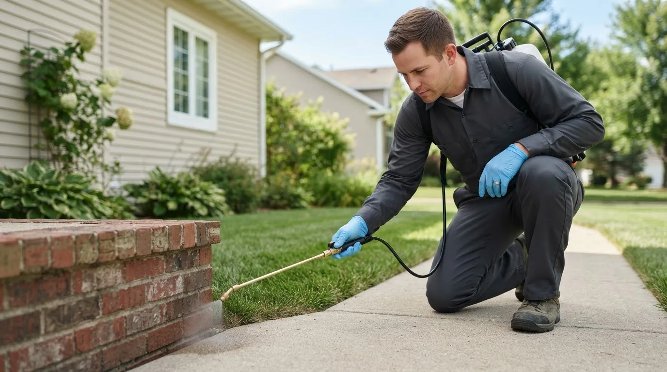Pest control technician treating a home near Groton, VT